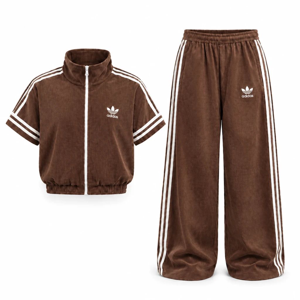 ست وست و شلوار زنانه مخمل کبریتی ادیداس مدل RAHA-قهوه ای